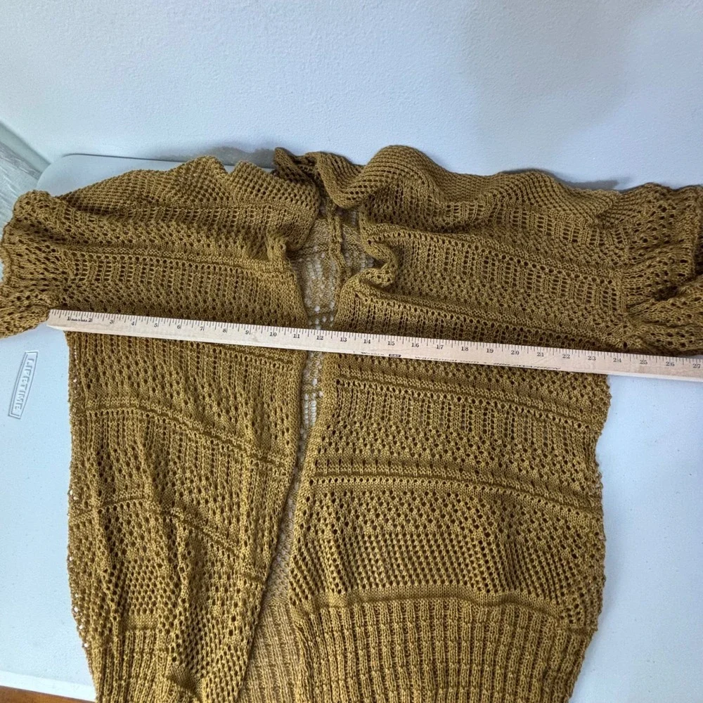 Mustard Yellow Open Knit Netted Crochet Cardigan Boho Coastal Kimono Cottage OS